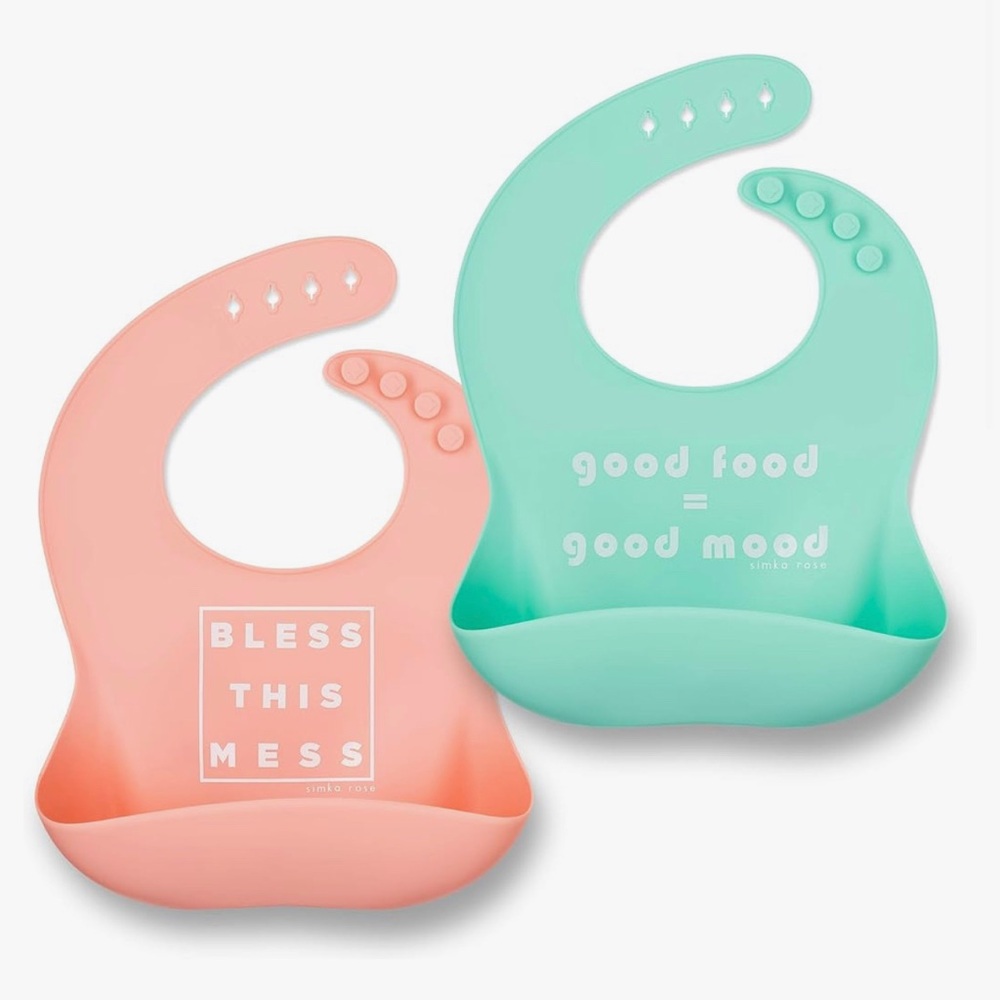 Simka Rose Silicone baby bibs with food catcher. In peach/mint set of 2.